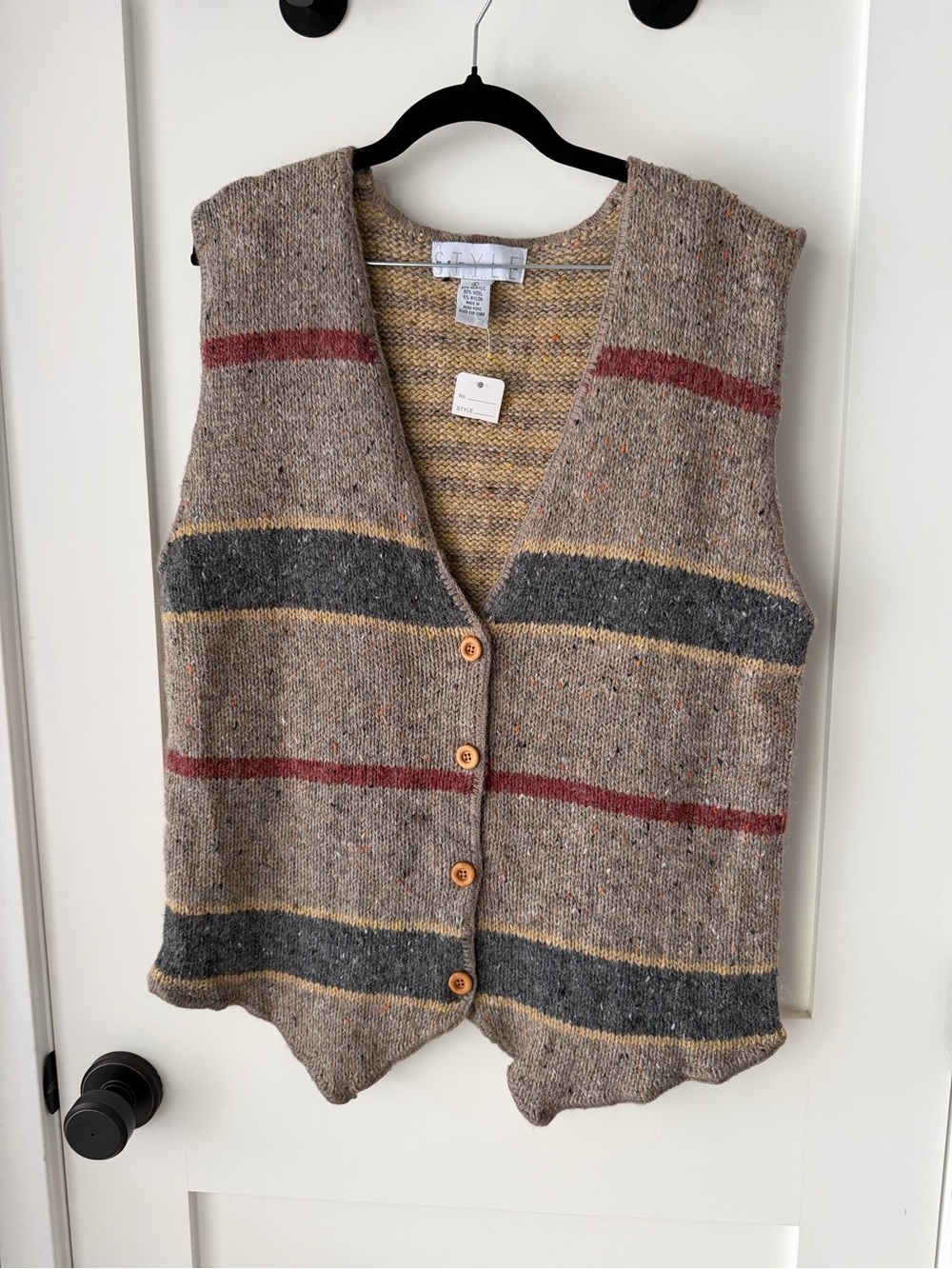 Striped Taupe V-Neck Button Sweater Vest with Red & Gray Accents